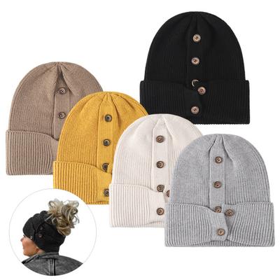 Winter Woolen Hat Knitted Dome No Brim Solid Color High Elasticity Button