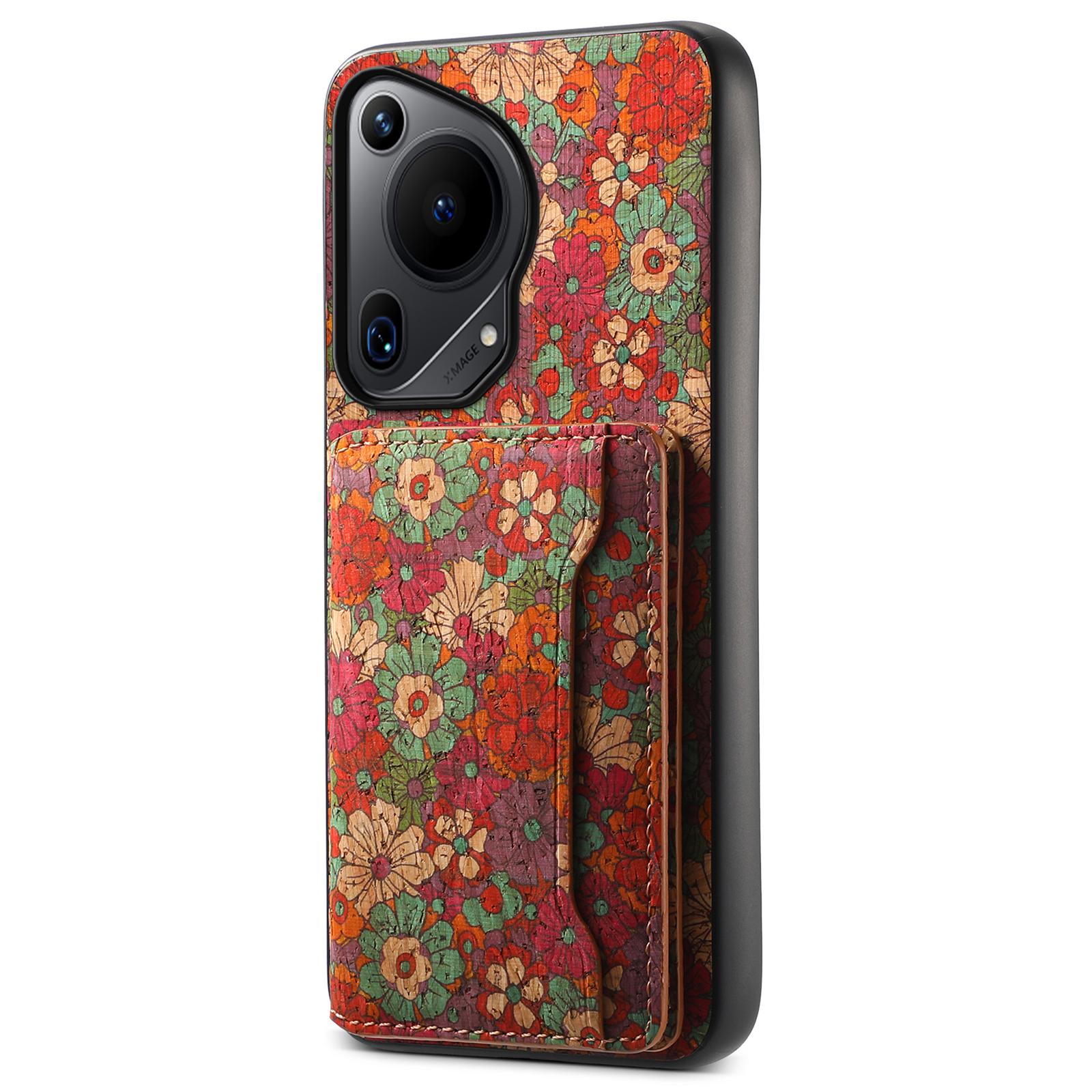 

For Huawei Pura 70 Ultra Case with Card Holder Leather Blooming Flower Phone Cover Summer/Red