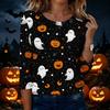Women's Casual Halloween Print Round Neck Three Quarter Sleeve T Shirt Top Lightweight Comfortable Fit Seasonal Design