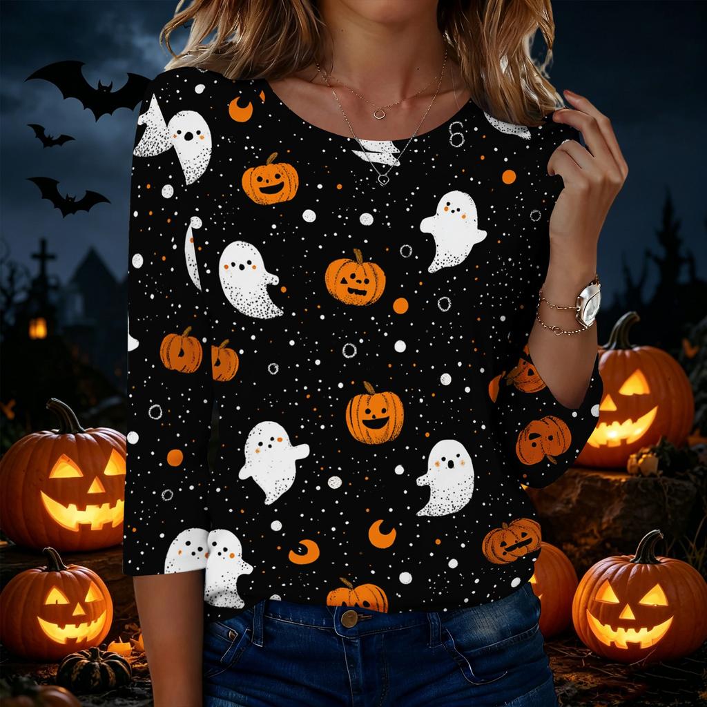 Women's Casual Halloween Print Round Neck Three Quarter Sleeve T Shirt Top Lightweight Comfortable Fit Seasonal Design