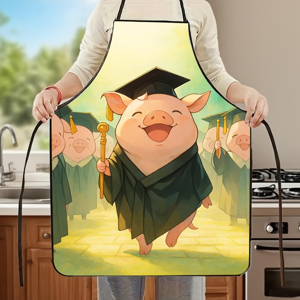 1pc Graduation Pig Design Polyester Chef Apron with Adjustable Waistband - Durable Fabric, Ideal for Baking and Cooking, Perfect Gift for Couples, Fam