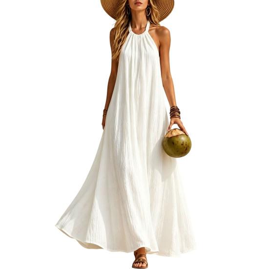 Umbra Studio Women Halter Neck Maxi Linen Dress, Sleeveless A-Line Loose Casual Long Summer Flowy Vacation Beach Sundress M