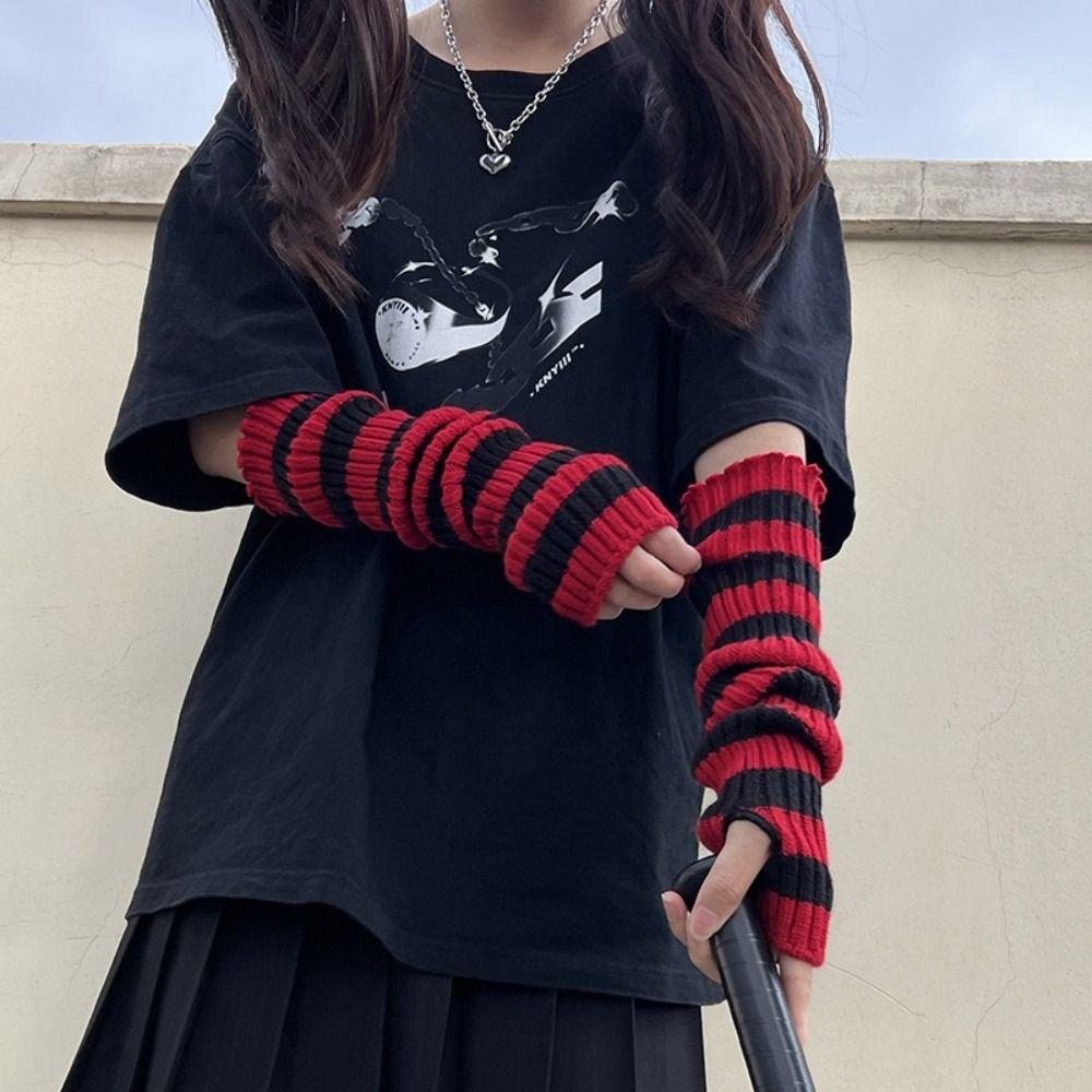 Lolita Striped Knitted Arm Sleeves Long Arm Warm Gloves Cute Fingerless Arm Warmers Party