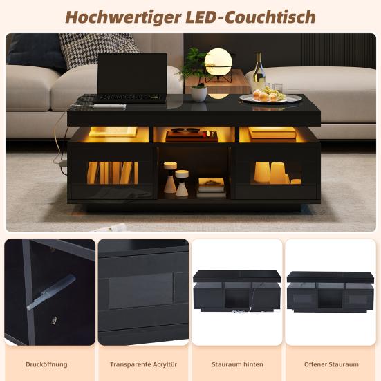 100x50x43cm Schwarzer Hochglanz-Couchtisch, mit steuerbaren LED-Leuchten, Mobile App, Wohnzimmertisch mit Schrank, Sofatisch mit Ladeanschluss und