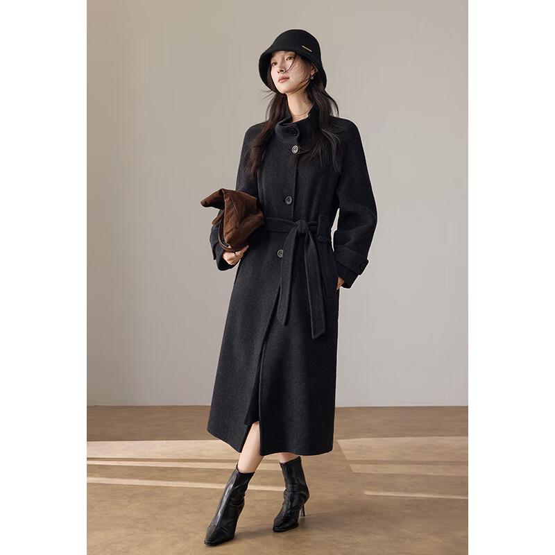 VICTORIA&VERA Women's Cashmere Blend Belted Stand-Up Collar Wool Coat