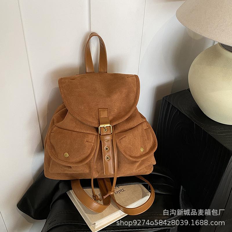 

Homemade niche suede Korean version casual shoulder bag lightweight double pocket simple deerskin velvet women s backpack women s bag коричневый