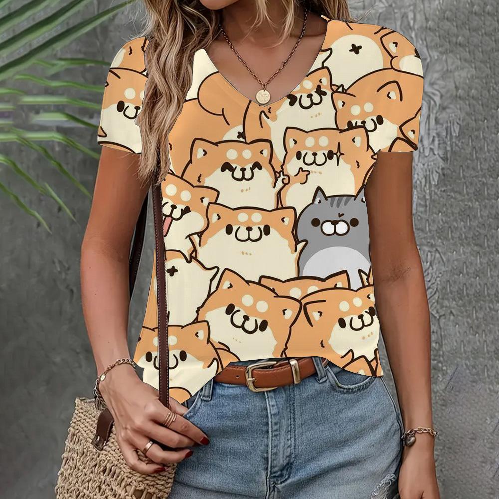 Women's T-shirt 3d Cat Print Short Sleeve Summer Fashion V-neck Top Loose Casual Half Sleeve Elegant Clothing Women's T-shirt