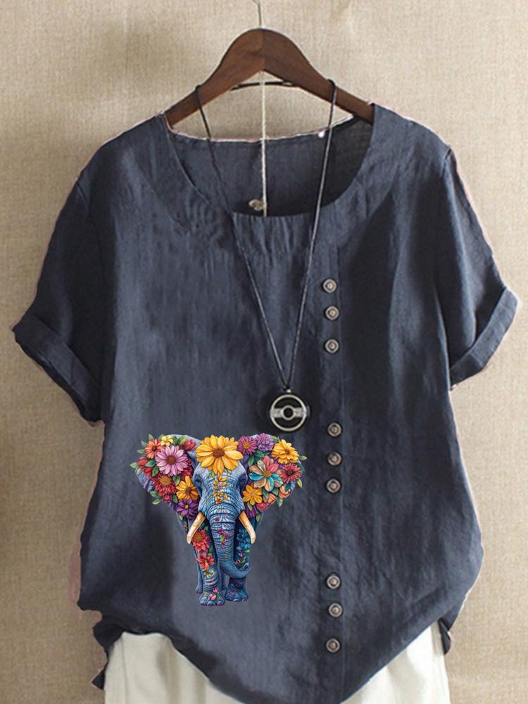 Women's Fashion Flower Elephant Print Round Neck Short Sleeve T-shirt Casual Cotton Linen Graphic Shirt Leisure Loose Summer Blouse Tops