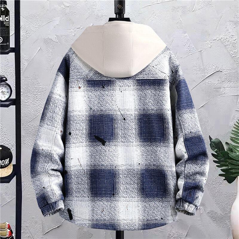 Men's Hooded Plaid Jacket - Spring/Fall/Winter Cotton Outerwear for Teens and Students
