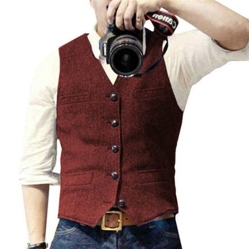 European & American Men's Retro Herringbone Wool Vest - British Style Single-Breasted Casual Waistcoat