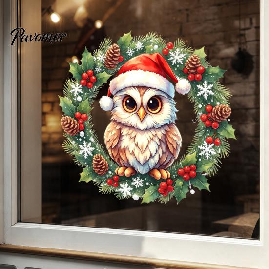 Indoor Winter Scene Decor Christmas Owl Wreath Static Window Cling, Holiday Glass Sticker, Clings No‑Glue Reusable Decal for Home Shop Festive