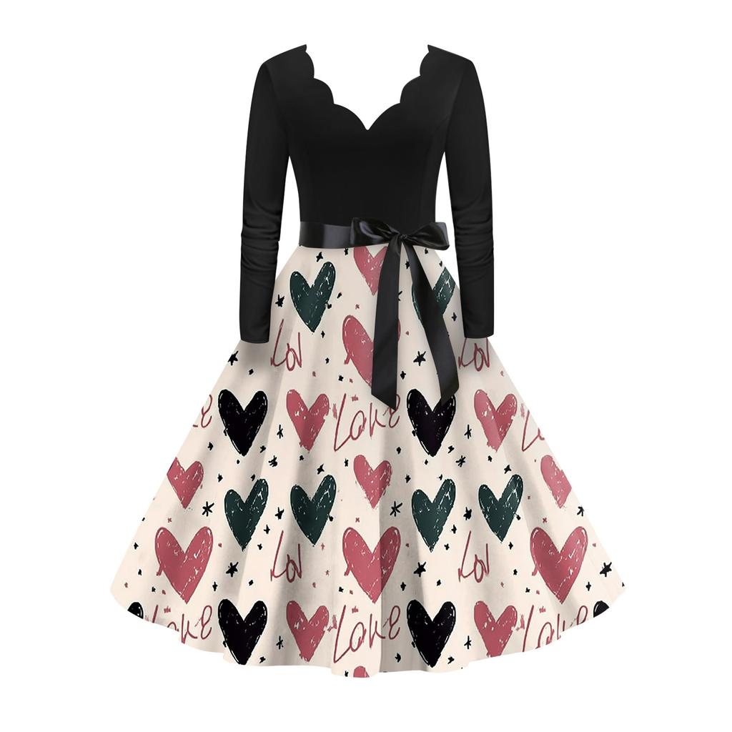 Damska stylowa i elegancka sukienka z długim rękawem, dekoltem w serek w kształcie serca na Walentynki