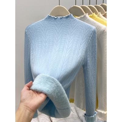 Solid Color Fungus Edge Texture Base Top Women's Autumn and Winter Semi-turtleneck Integrated Fleece Thickened Inside Knitted Sweater