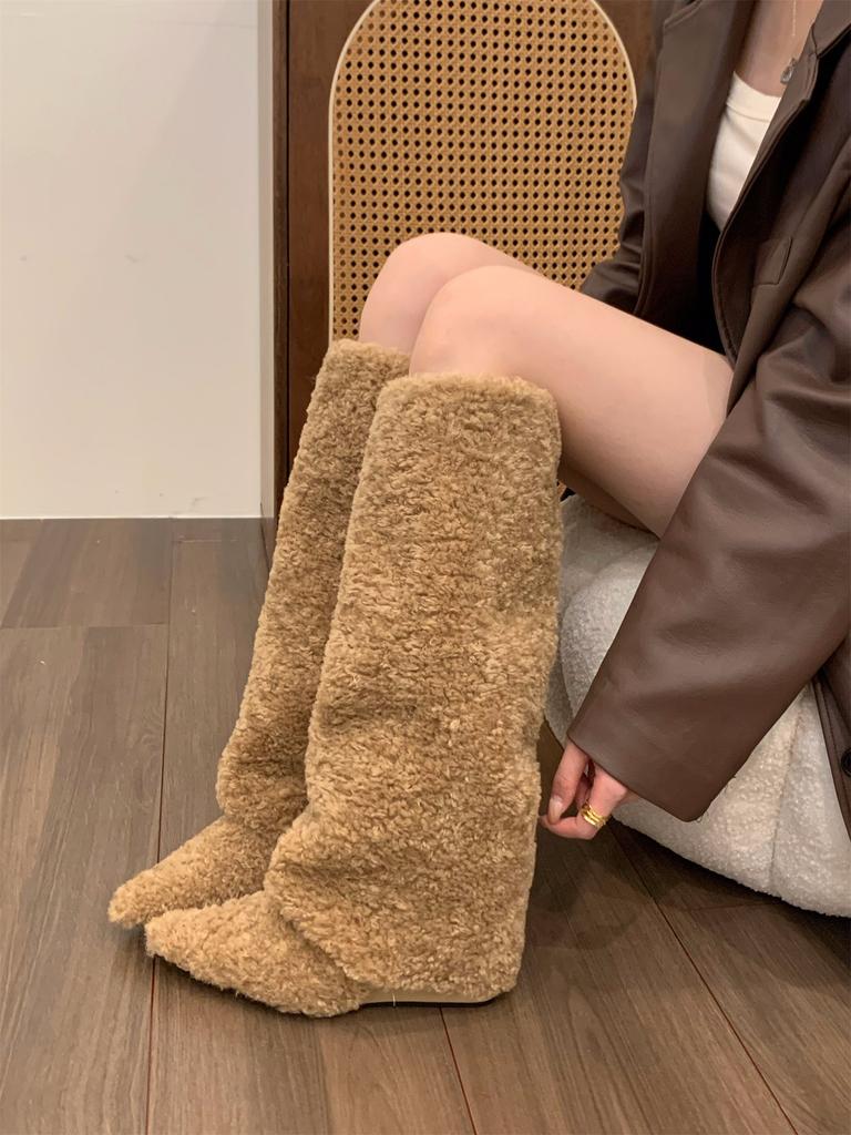 Niche wedge heel plush cotton shoes long boots children's season pointed head medium tube knight boots