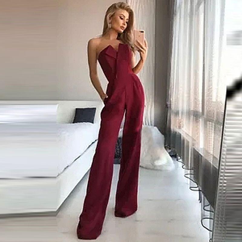 European and American Fashion Temperament Slim fit Slimming Sleeveless Jumpsuit Solid V-neck Wrap-around Sexy Jumpsuit Dress Women