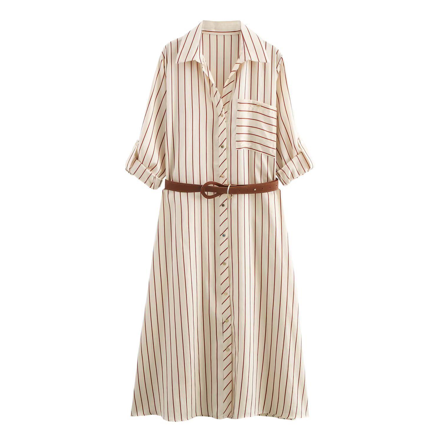 

Spring 2025 Women s Striped Print Slim Fit Midi Dress with Belt and Lapel Small