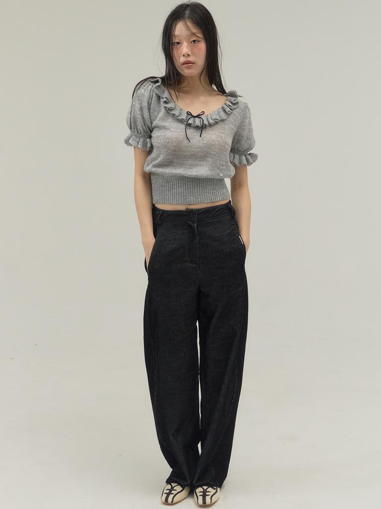 SORRY, TOO MUCH LOVE Ruffle Trim Ballet Mood Knit Top_Gray