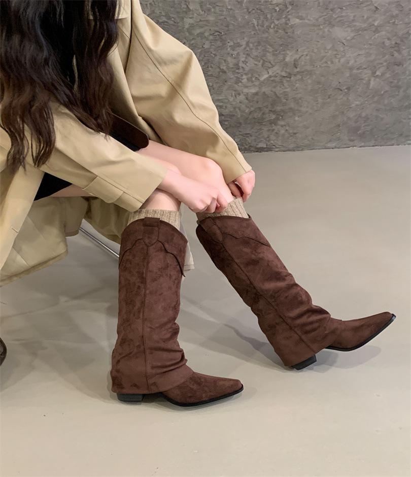 inner suede pleated piled boots women's 2025 autumn and winter new pointed western cowboy boots but knee boots women
