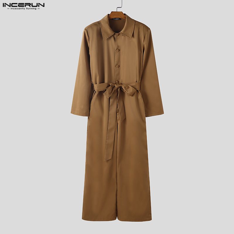 INCERUN Men Long Sleeve Buttons Bandage Jumpsuit Long Rompers Overalls
