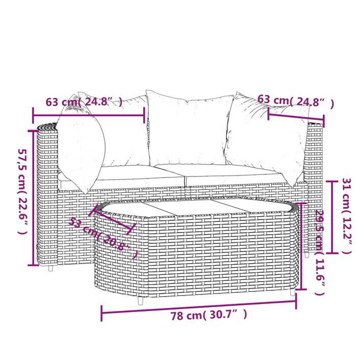 VidaXL Salon de jardin 3 pcs avec coussins Gris Résine tressée, ensemble de salon d'extérieur, ensemble de mobilier 319775