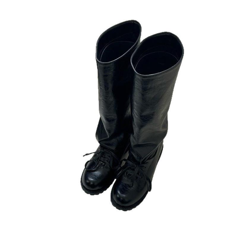 Ballet style retro western stacking boots women's 2025 new two-wear pleated straps medium boots giant soft boots