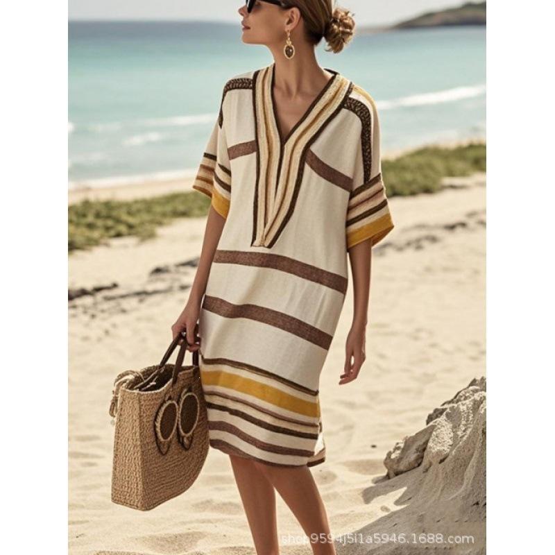2026 women's V-neck dress seaside vacation 3D printing loose skirt beach