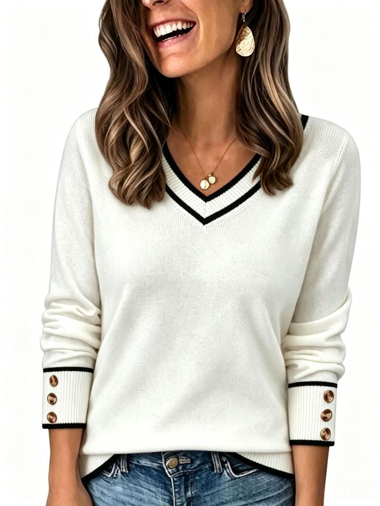 European and American style new casual and comfortable loose contrasting color V-neck pullover long-sleeved decorative button sweater