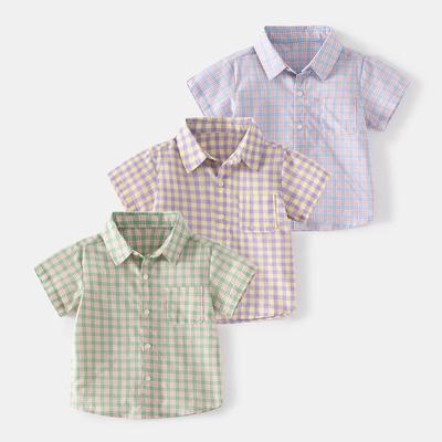Children's Short-Sleeved Shirt Plaid Summer Kidsren's Clothing Boys' Plaid Half-Sleeved Top Baby Boy's Pure Cotton Lapel Shirt
