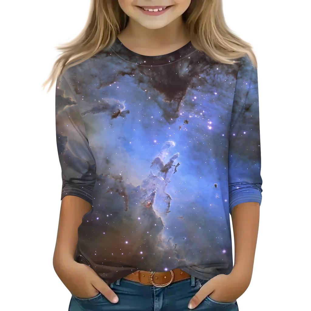 Bedruckte Oberteile für junge Mädchen von 5–16 Jahren, Rundhalsausschnitt, 3/4-Ärmel, T-Shirts, trendige Oberteile, Outfit-T-Shirts