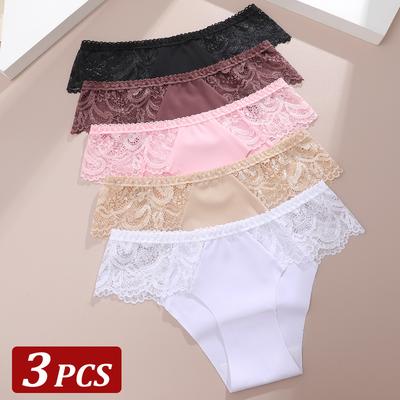 3Pcs Seamless Stretch Panties Women Comfort Patchwork Lace Panties Female Low-Waist G-string Sexy Lace Floral Lingerie