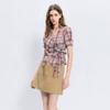 Women's Plaid V-neck Puff Sleeve Short Top