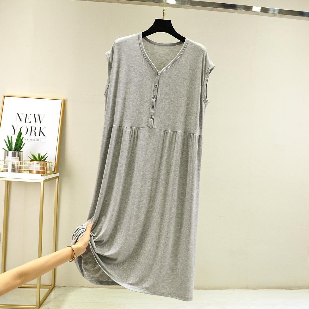 Summer Modal V-Neck Sleeveless Dress Loose Bottoming Dresses Casual Homewear Buttons Sleepdress