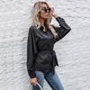 Fashionable and Casual Temperament Vintage Waist Slim Top Black Long Sleeve Lapel Solid Color Shirt for Women