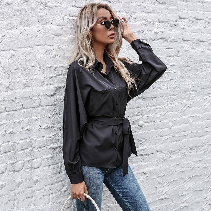 Fashionable and Casual Temperament Vintage Waist Slim Top Black Long Sleeve Lapel Solid Color Shirt for Women