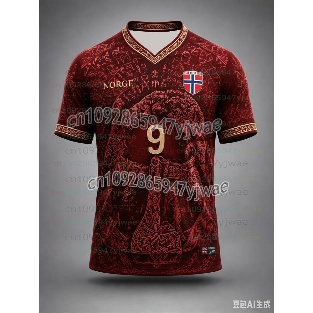2026 Neues Herren/Kinder Norwegen V-Ausschnitt Fußballtrikot Vollständiges Nordisches Wikinger-Kriegsschiffmuster 3D Schnelltrocknend Atmungsaktiv #9 Fans Sporttrikot