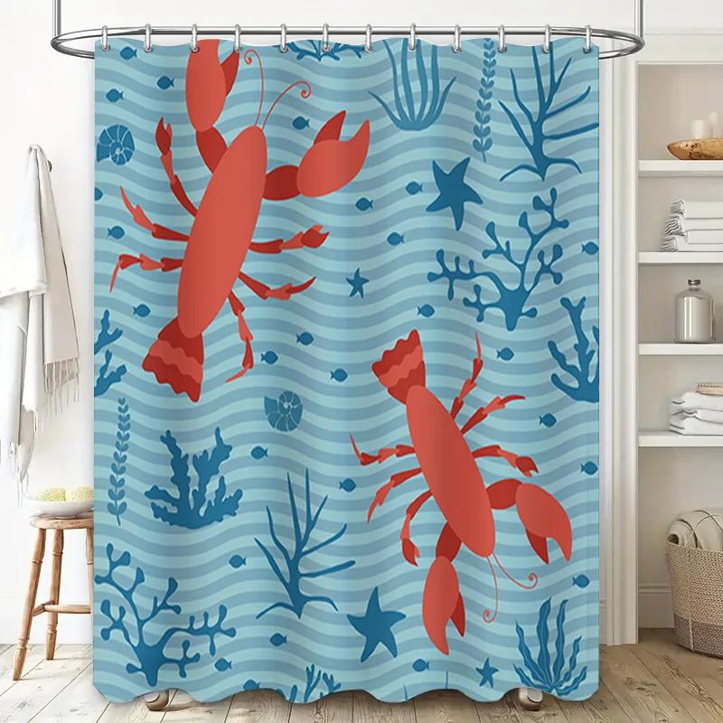 Underwater Life Lobster Shower Curtain Blue Red Fishes Marine Decor for Bathroom Waterproof Fabric