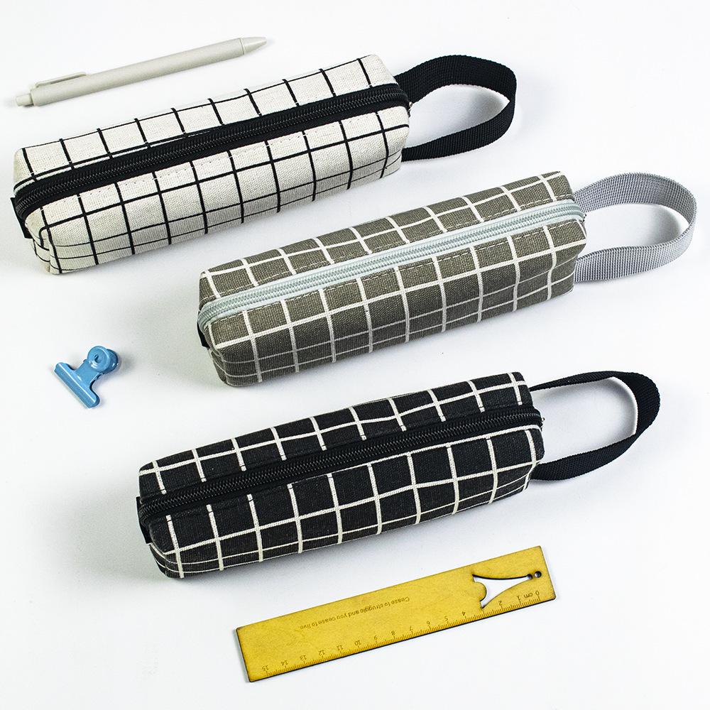 Bojin Black & White Plaid Canvas Pencil Case for Students