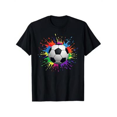Europese Maten Heren- en Dames T-shirt met Korte Mouwen met een Levendig Spatpatroon van een Zwarte Voetbal, Perfect voor Casual Sportkleding