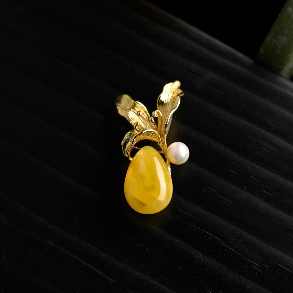 Lily Chinese Enamel Amber Brooch - Elegant Women's Qipao Suit Accessory Gift