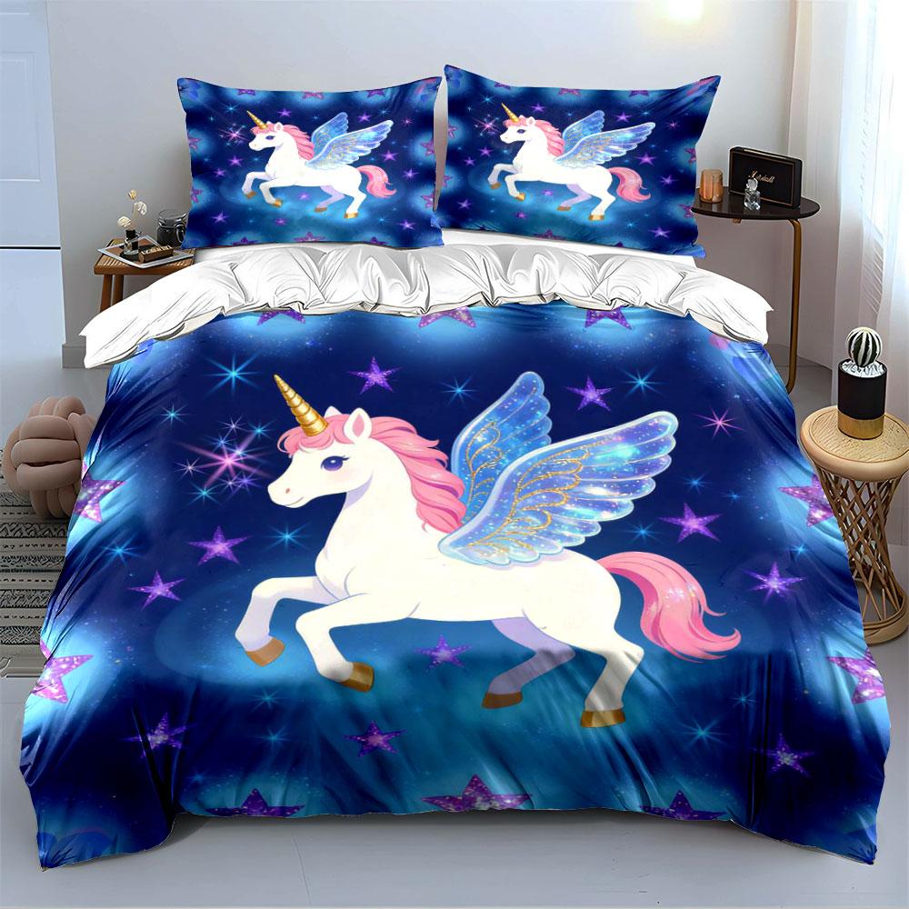 Unicorn with Wings and Stars Bedding Duvet Cover Set (1*Duvet Cover 2*Pillowcases, without duvet insert)