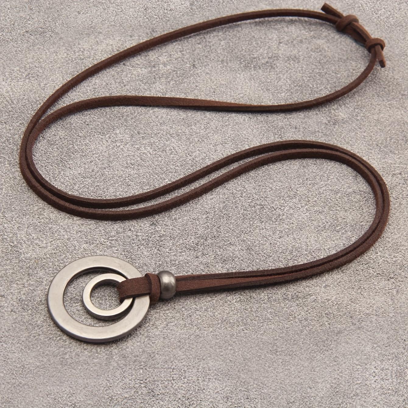 [Retro Double Ring Necklace] 1pc Retro Simple Double Ring Alloy Pendant Necklace, Adjustable Flannel Rope Long Short Necklace for Men