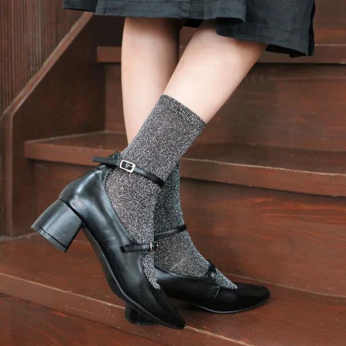 Cindy Pearl Glitter Sparkle Plain Mid-Length Socks 3 Colors