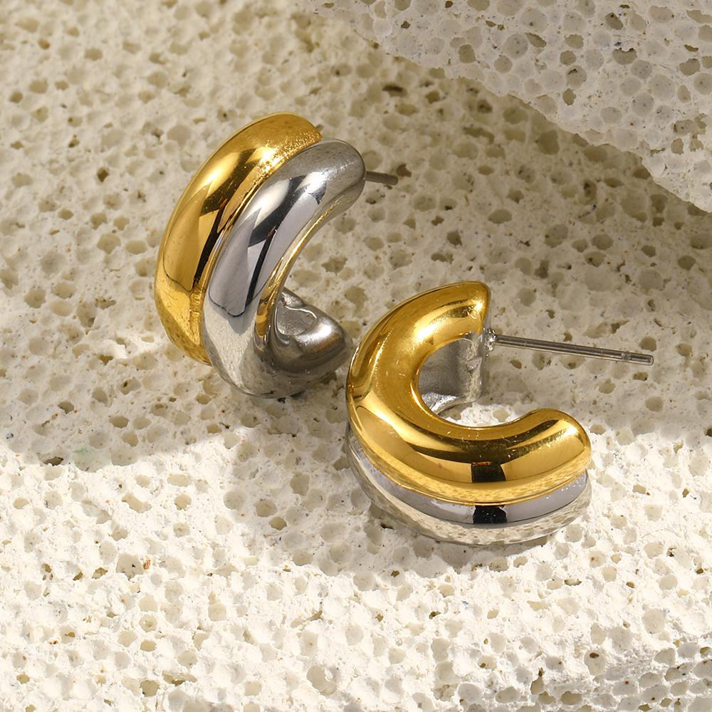 MamacitaSlay Unique Stainless Steel Two Color C-shaped Stud Earrings Party Trendy Waterproof Jewelry Women's Minimalist Gift