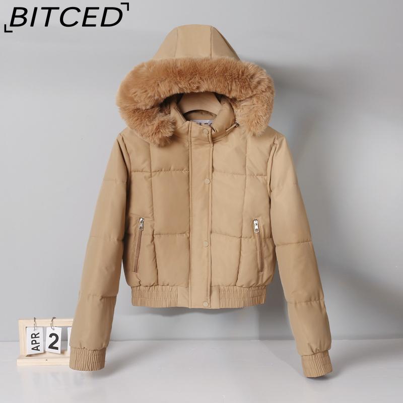 BITCED Women's Short-Length Puffer Coat Winter Fleece-Lined Thickened Cotton Jacket with Large Fur Collar Bread-Style Outerwear