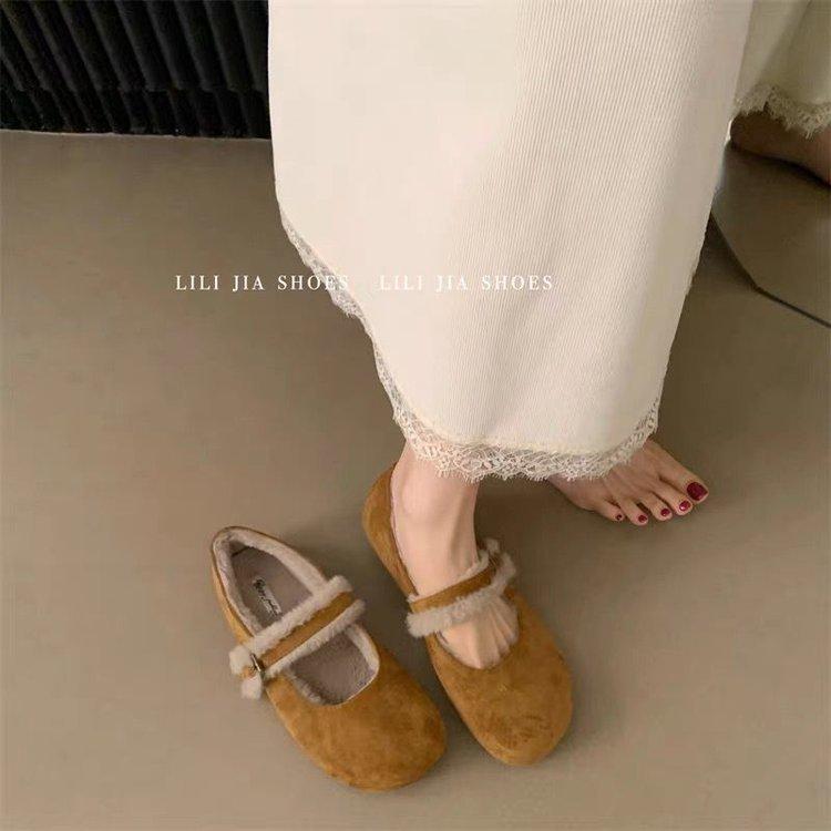 Japanese velvet Boken shoes women's 2025 autumn and winter new one-word belt Mary Jane Doudou single shoes flat-soled maternity cotton shoes