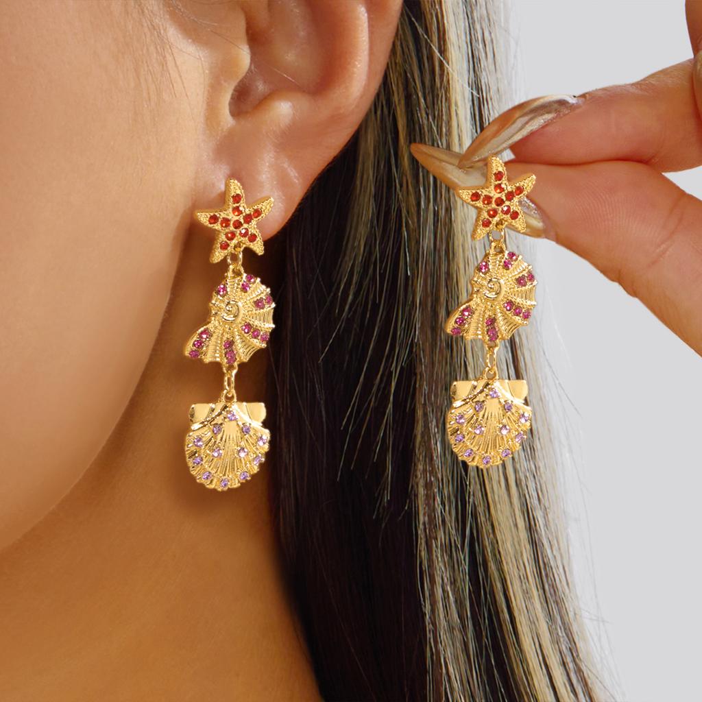 Bohemia Starfish Conch Pendant Earrings for Women Retro Colorful Zircon Irregular Geometric Ocean Earring Party Vacation Jewelry