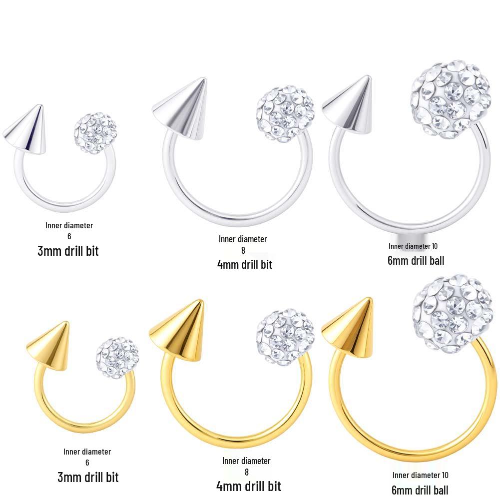 Titanium Steel Devil Horseshoe Lip Ring with Full Diamond Ball and Tapered Tip Steel Color - 6mm Diameter + 3mm Ball