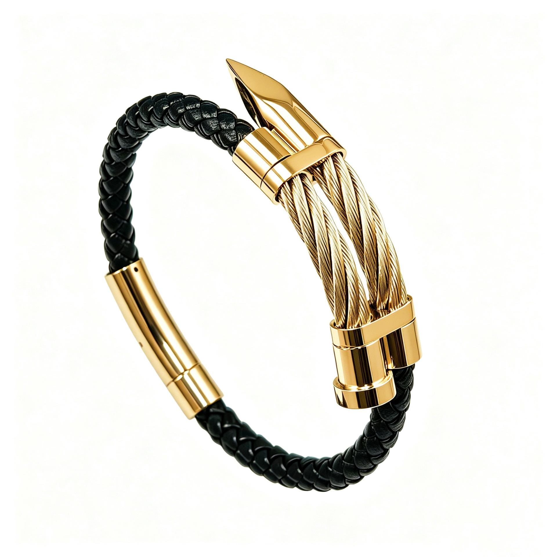 Men s Wire Braided Leather Rope Bracelet Nail Bracelet 2026 20CM золотой