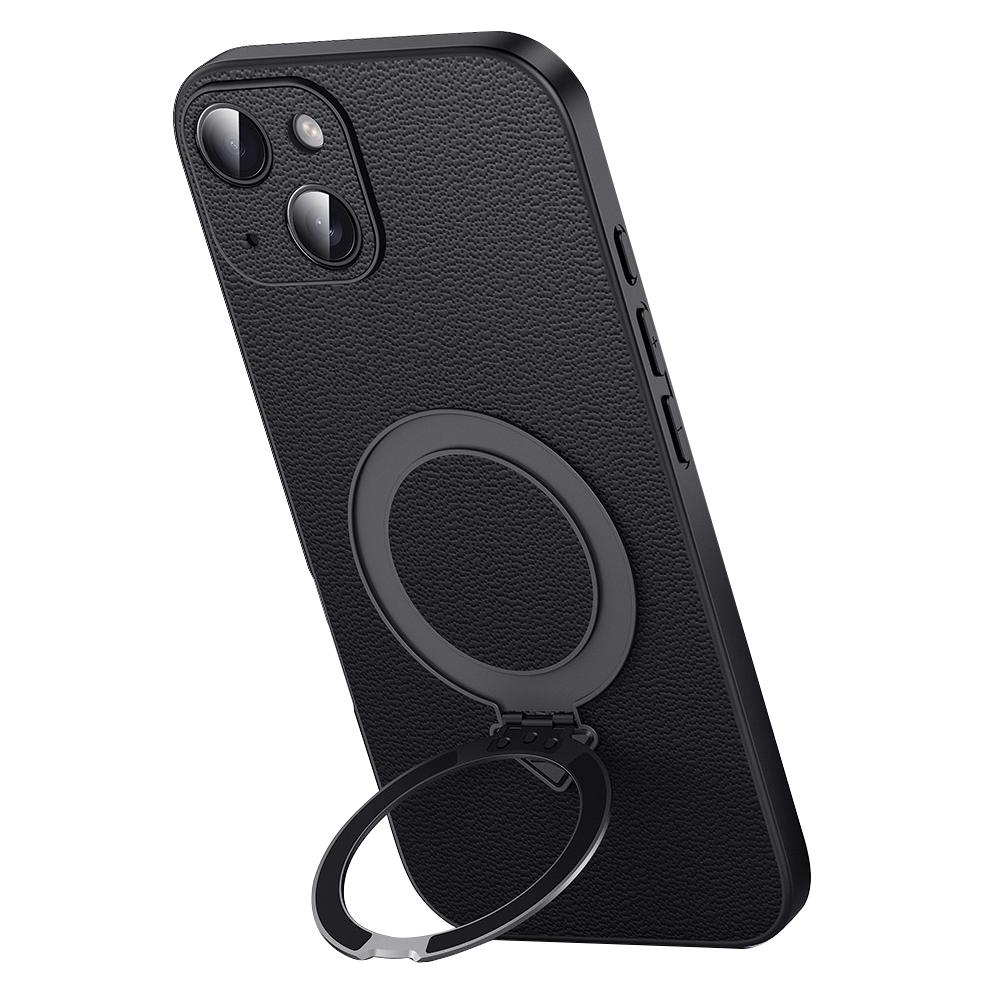 

For iPhone 15 Plus Case Compatible with MagSafe Genuine Cow Leather+PC Kickstand Phone Cover Black