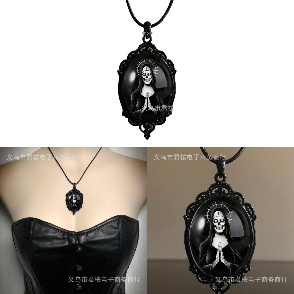 Geometric Gothic Black Glass Pendant Necklace With Alloy Chain For Unisex Fashion
